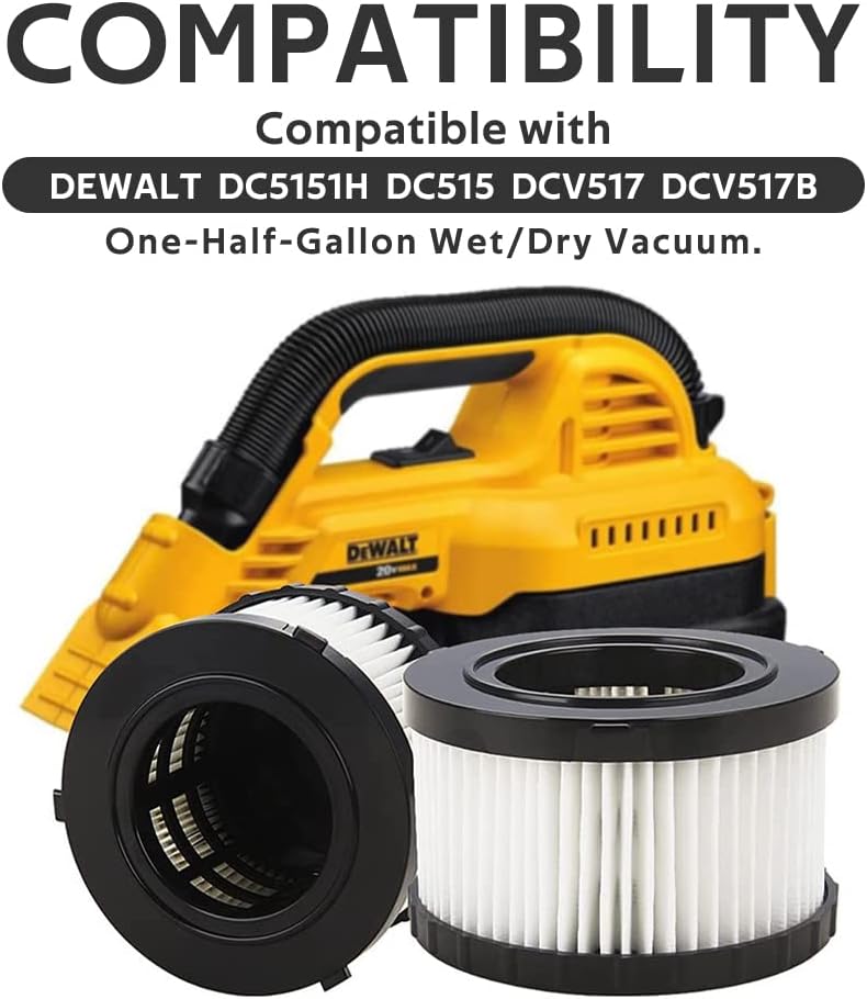 4 Pcs DC5151H HEPA Filter Compatible with DEWALT DC5151H DC515 DCV517 DCV517B Wet Dry Vacuum, With 8 PCS Foam Sleeve Filter