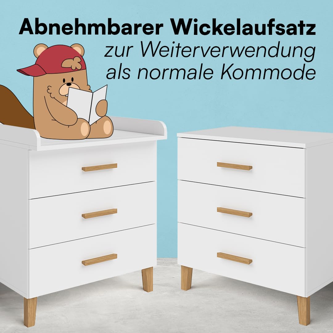 Bellabino Liri Kinderzimmer Set – 2-teiliges Babyzimmer Set mit Kinderkleiderschrank & Wickelkommode in Weiß/Natur – Wickeltisch mit abnehmbaren Wickelaufsatz & Kleiderschrank für Kinderzimmer