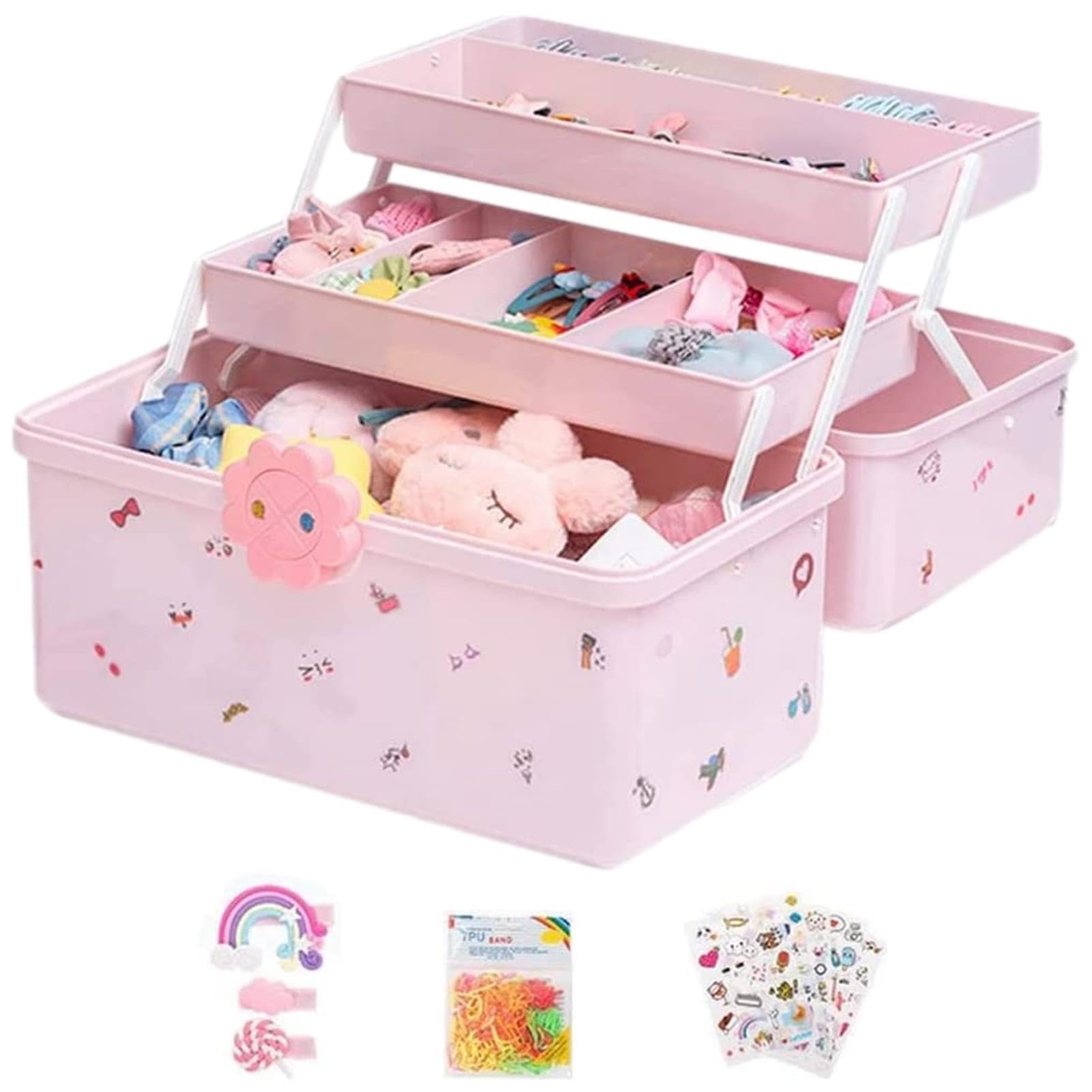 Whrcy Hair Piece Organizer For Girls | 3-layer Children's Jewelry Storage Box - Waterproof Little Girl Hair Ties Case With 6 Stickers And 1 Pack Of Hair Ties For School