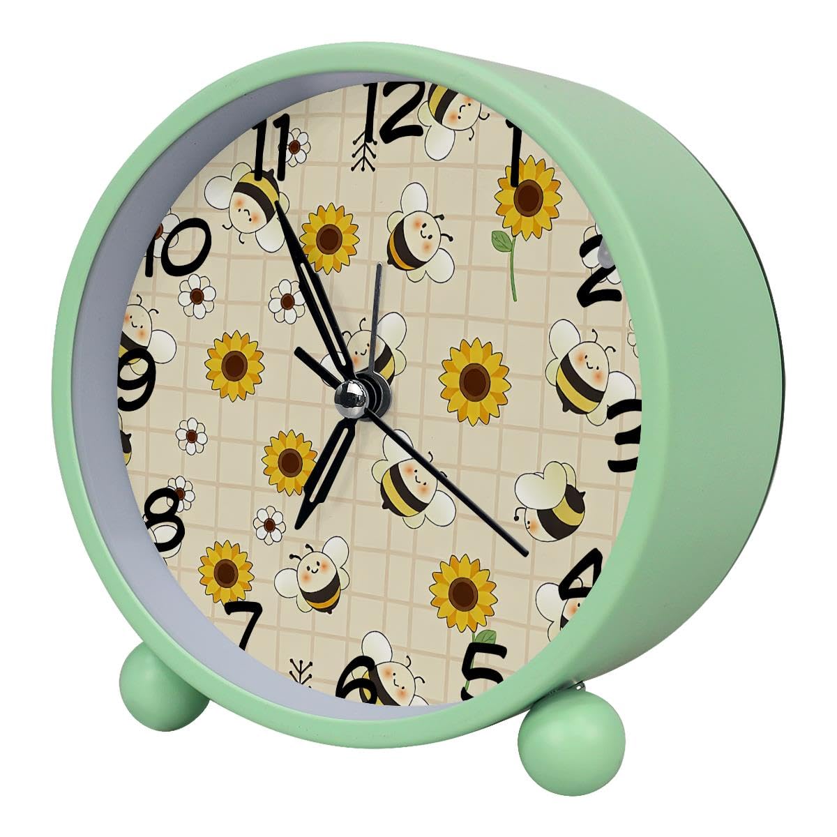 Luoweisi Analog Alarm Clock Sunflower Bee, Silent Non-Ticking with Night Light, Battery Operated, Round Desk Alarm Clock for Office, Bedroom, Elderly, Adults, Children, Student Gifts