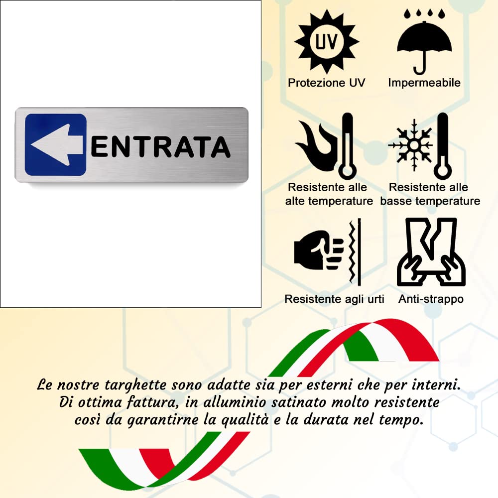 Targa entrata verso sinistra in Alluminio Satinato 150mm x 50mm -Targhette Autoadesive|Stickers, Klebeetikett| Impermeabili Lavabili, cinema,pub