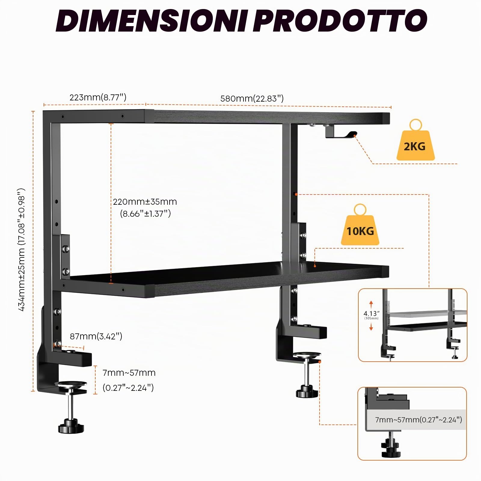PUTORSEN 24 Pollici Morsetto su Scaffale da Scrivania, Scaffale a 2 Livelli Sopra o Sotto la Scrivania, Organizzatore da Personalizzabile per gli Accessori, Nero