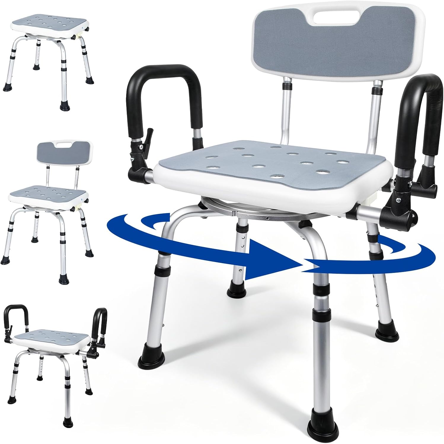 HEINSY Swivel Shower Chair 500lb Heavy Duty with 360 Rotation, Flip-Up Arms & Adjustable Height