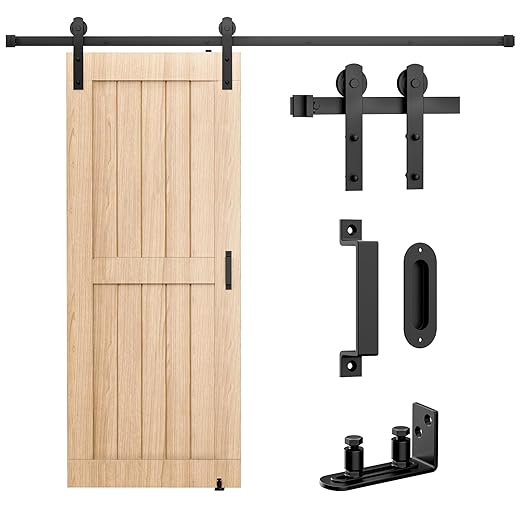 Signstek 6.6FT Sliding Barn Door Hardware Kit Heavy Duty with Door Hook, Adjustable Floor Guide and 2 Handles -Easy to Install, Smoothly and Quietly, Fit 1 3/8-1 3/4" Thickness -Black, I Shape Hanger