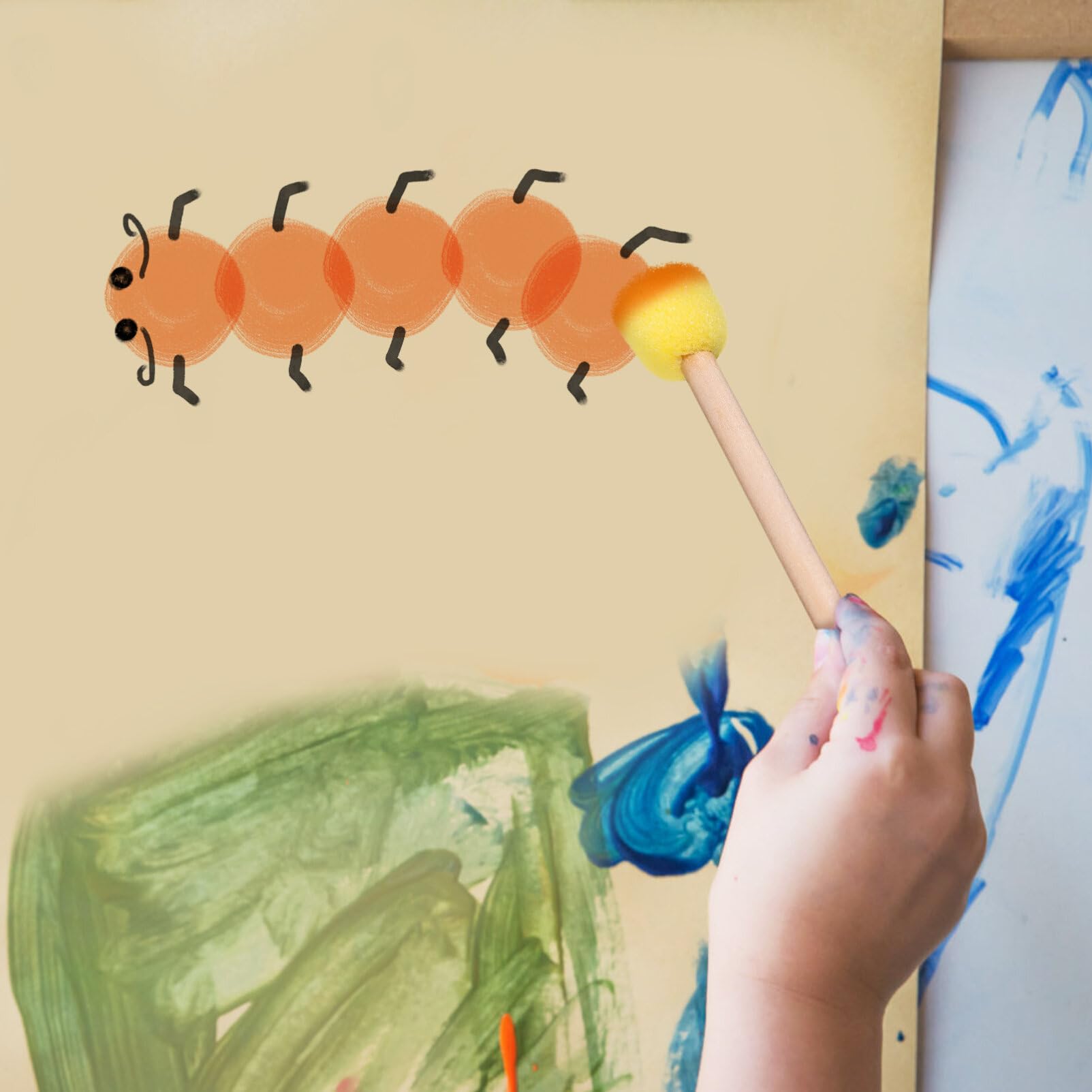 SEWACC Round Sponges Foam Brush Set 20Pcs Sponge Paint Brush with Wooden Handle Yellow Paint Sponges for Painting (1.5CM+2CM)