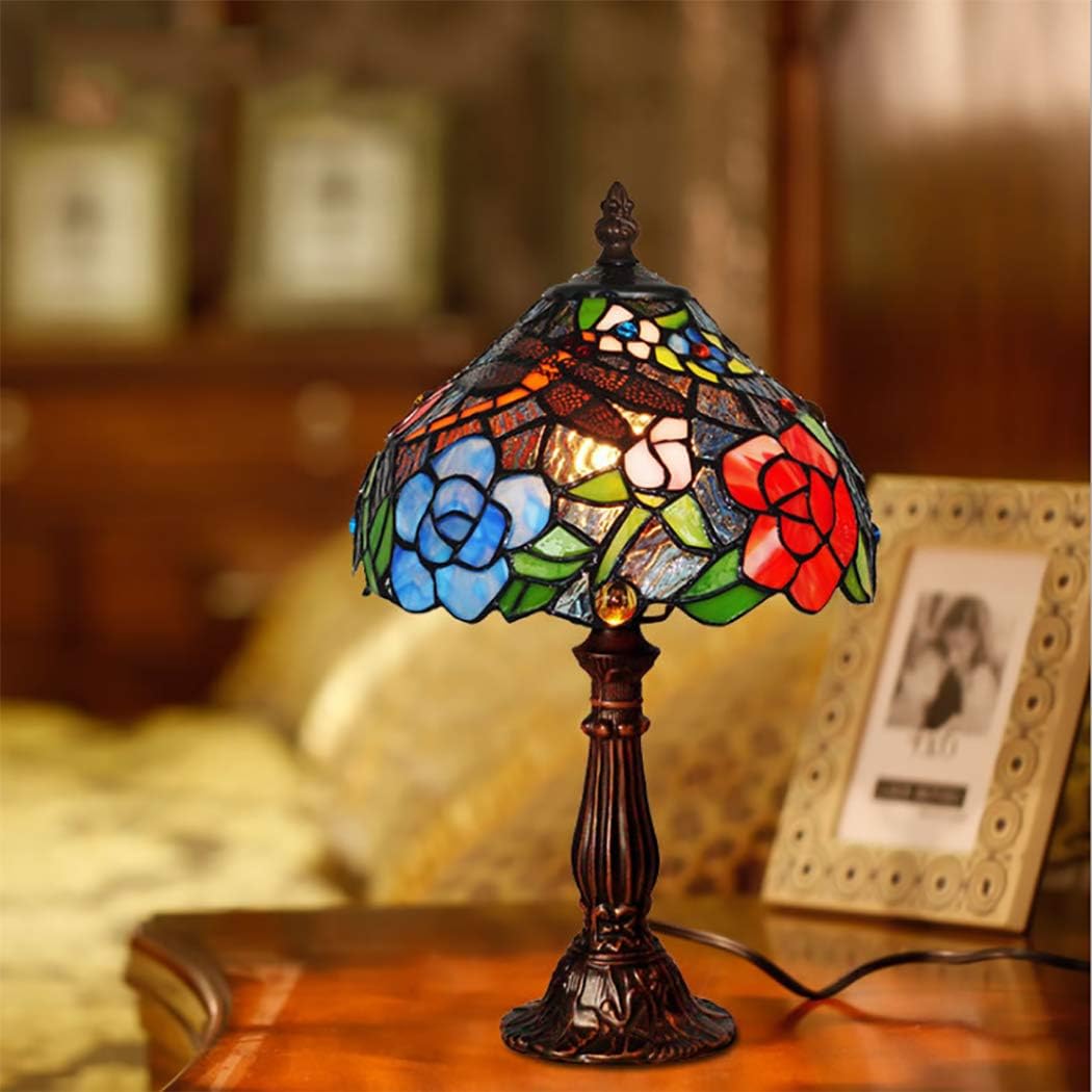 Tiffany Style Table Lamp Dragonfly Rose Stained Glass Shade Desk Lamp Modern 8 Inch Mini Beside Lamp Living Room Bedroom Decor Lamp