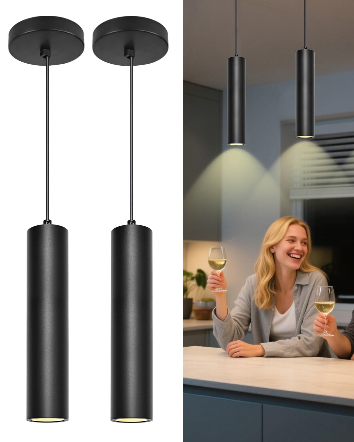 ACMHNC Lampada a Sospensione 2 Pezzi, Lampada a Sospensione GU10 per Cucina Camera da Letto, 10W Lampadario Cilindro Nero Moderno Regolabile in Altezza 120cm, 3000/4000/6000K, 6x30 cm | 10W Lampadario Cilindro moderno per Cucina Camera da Letto, 3000/4000