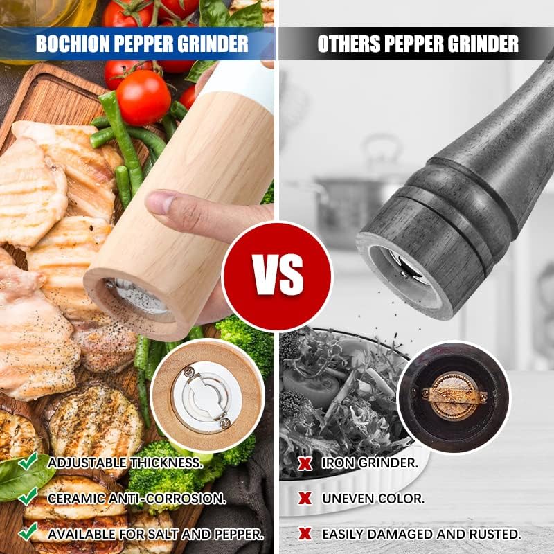 Salt Grinder and Pepper Grinder Set with Adjustable Coarseness Ceramic, Refillable Manual Spice Pepper Mill/Salt Mill, Wooden Salt and Pepper Shakers for Himalayan Salt, Sea Salt, Pepper, 6.5 inch