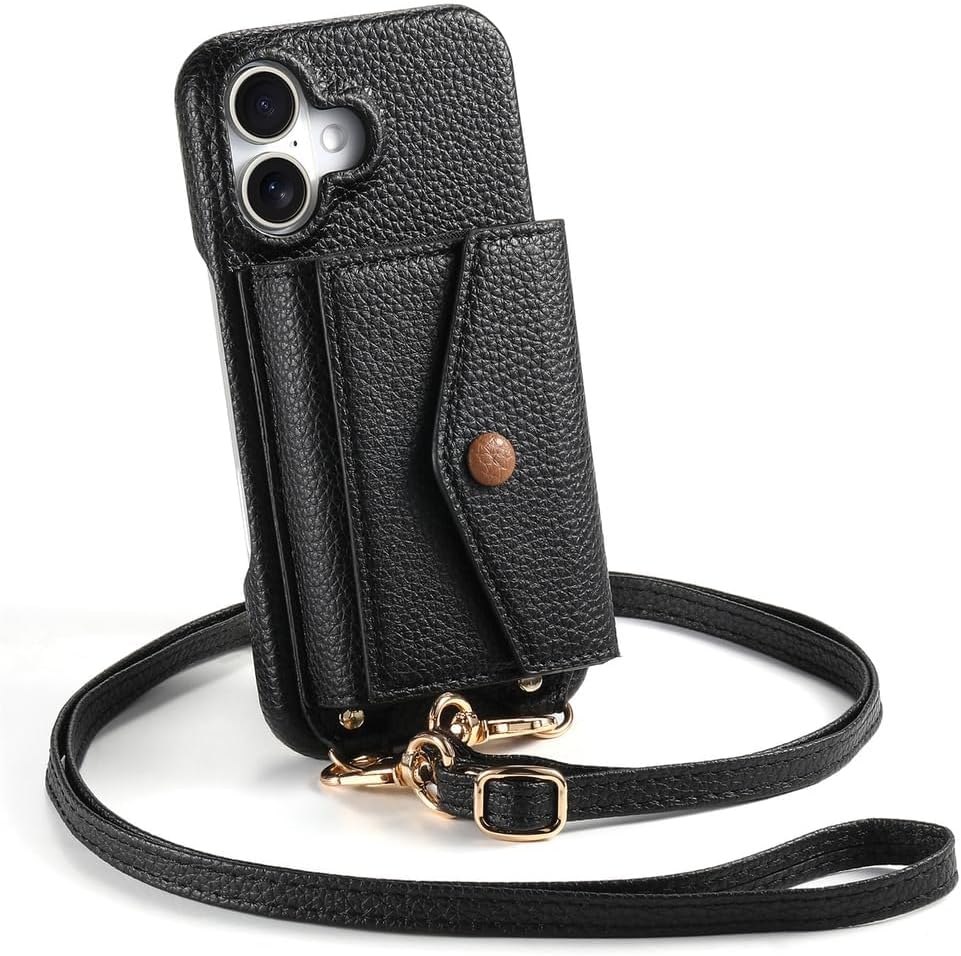 Crossbody Case for iPhone 17/17 Pro/17 Air/17 Pro Max, Stylish Wallet Leather Cover with Card Holder and Makeup Mirror Phone Case,17pro,Black