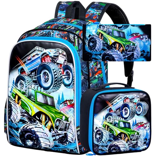 3PCS Dinosaur Backpack for Boys, 16 Inch Kids Water Resistant Preschool Elementary Kindergarten Bookbags and Lunch Box