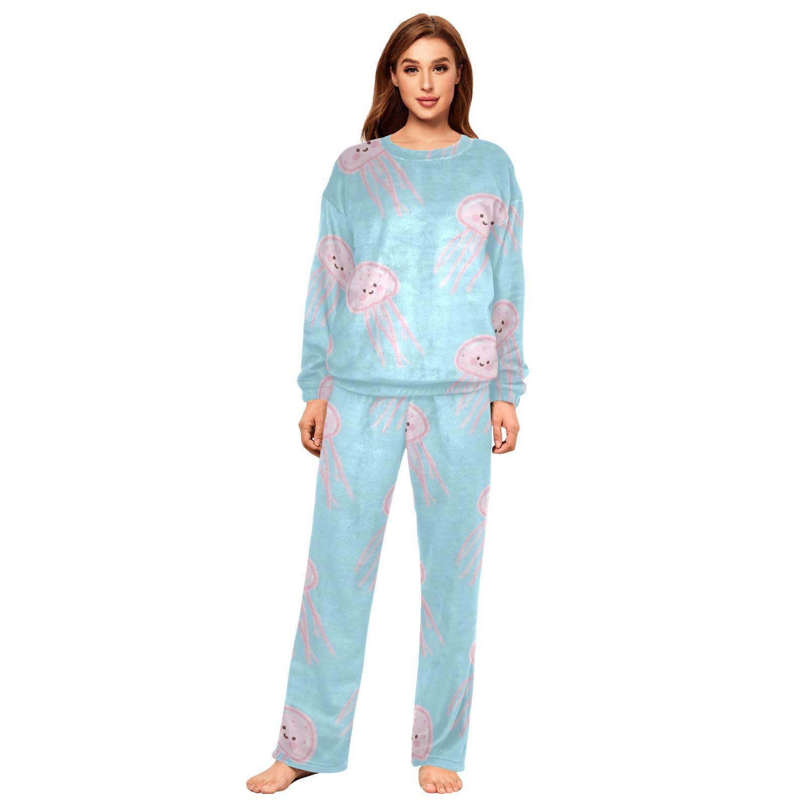 Pigiama da donna in pile a 2 pezzi con meduse blu e pantaloni a maniche lunghe