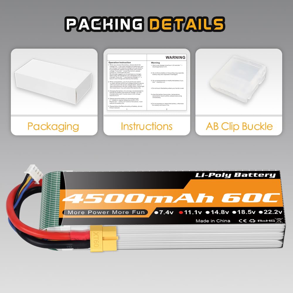 Youme Batteria LiPo 11.1V 3S 4500mAh 60C XT60 per auto droni barche RC 2pz | Batterie LiPo RC 11,1V 3S 4500mAh 60C custodia soft XT60 per auto camion buggy veicoli barche aerei elicotteri e droni RC