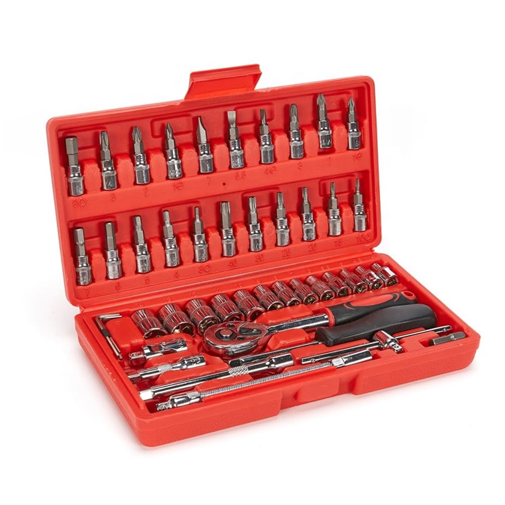TheMohrim Heavy Duty Hand Tool Storage Box: Portable 46 pcs Auto Car Repair Kit with Ratchet Socket Wrench Set