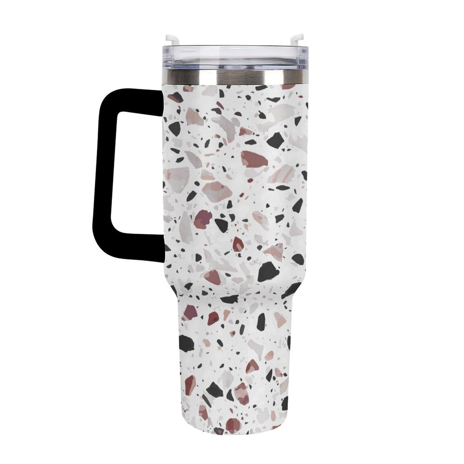Rote Terrazzo-Becher mit Strohhalm und Griff, doppelwandige Vakuumisolierung, Wasserflaschen für Eiskaffee, Tee, heiße und kalte Getränke