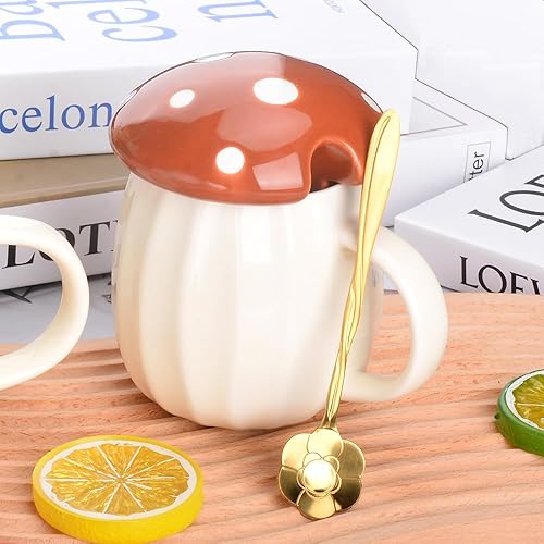 Miniatura 10 de Taza de hongo, bonita taza de café con tapa, cuchara de flores, infusor de té, juego de tazas de té de hongos Kawaii, 8.5 fl oz8 onzas para leche,