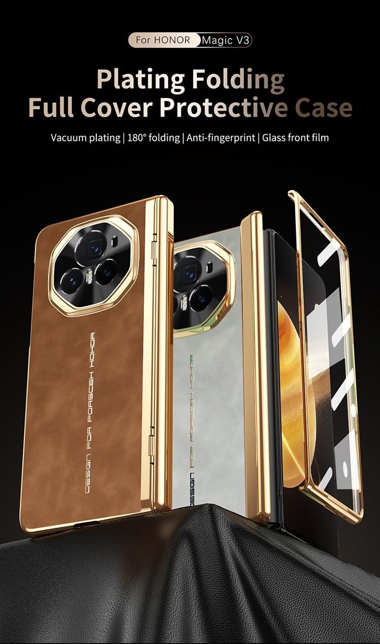 Phone Accessory Compatible with Huawei Honor Magic V3 Case with Built-in Glass Screen Protector,[Luxury Plating Folding & Leather][Full Body Hinge Protection] Shookproof Protective Phone case Phone Co