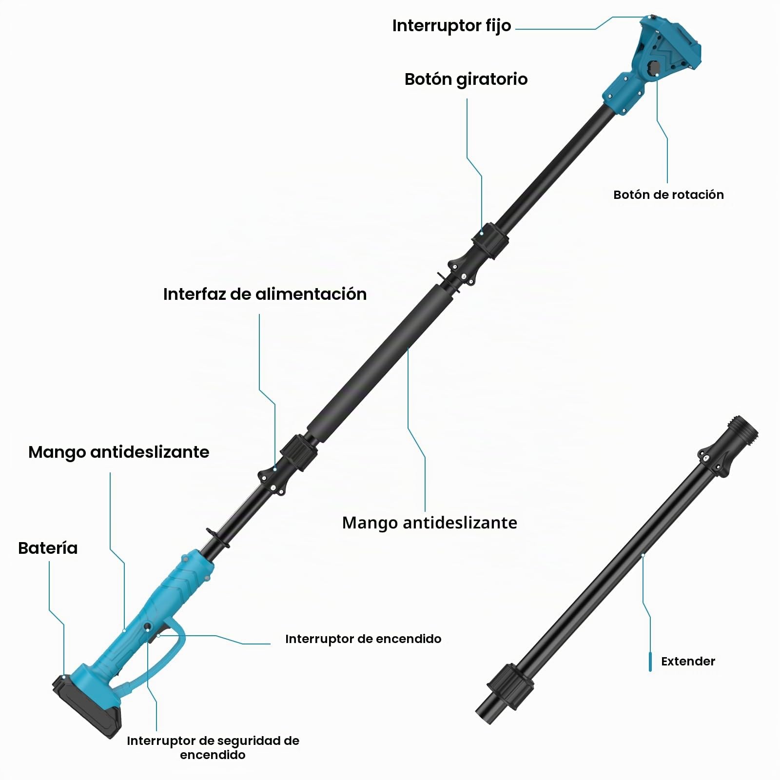Extensión telescópica para podador de batería y tijeras de jardín, extensión de 2M para batería de 18V de Makita, extensión de aleación de aluminio con giro de 180°, para ramas de jardín