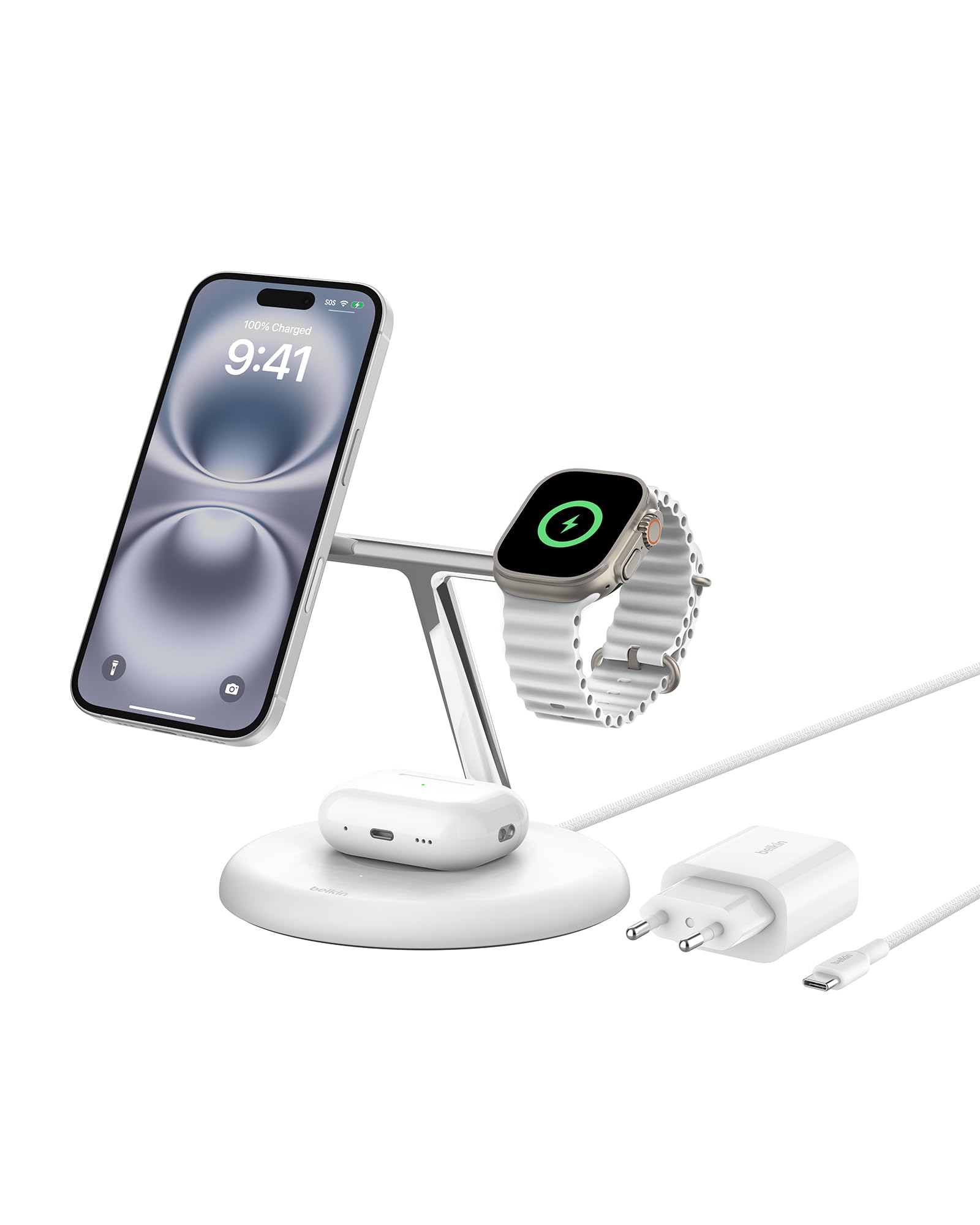 Belkin Supporto di ricarica wireless magnetica 3 in 1 con Qi2 (15 W), compatibile con MagSafe, caricatore rapido per iPhone 16/15/14/13, AirPods, Apple Watch e altri (alimentatore incluso) - Bianco