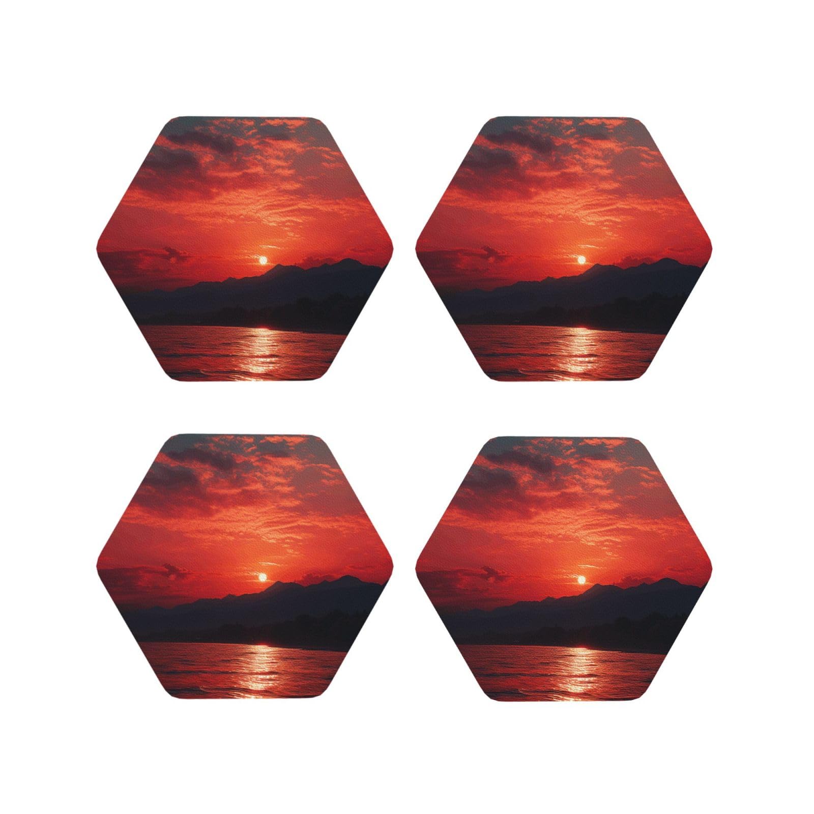 4pcs Drink Coasters for Tabletop Protection, 4" Leather Coasters for Drinks, Fiery Red Sunset Cup Coasters for Coffee Table Decor, Non-Slip Drinking Cup Mat for Hot Or Cold Drink