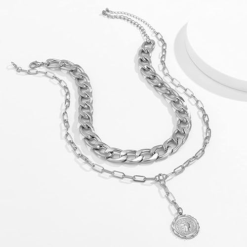 Miniatura 3 de JWICOS Delicado collar de cadena cubana de plata en capas para mujer, colgante de moneda bohemia, collar grueso para mujer (plata)