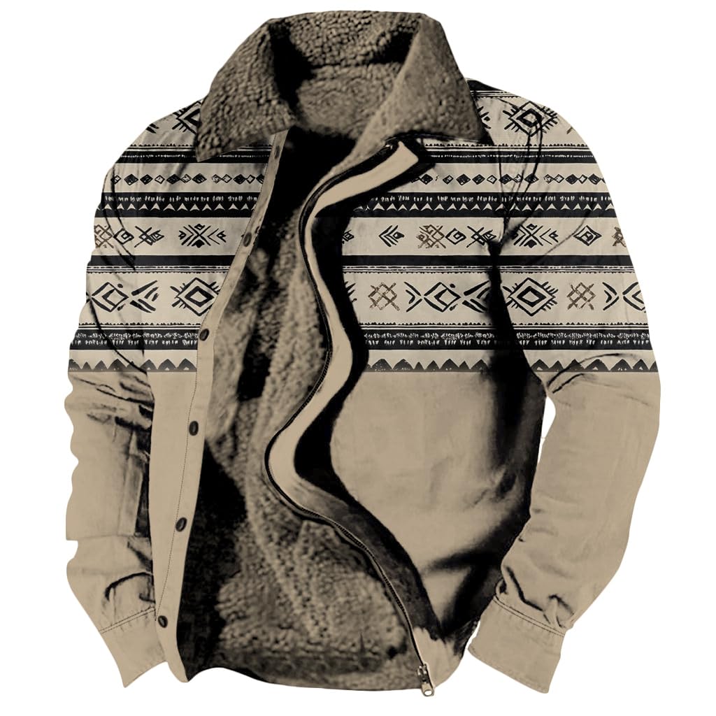 Bengbobar Mens Aztec Western Jackets Cowboy Winter Warm Fleece Coat Retro Ethnic Vintage Casual Long Sleeve Jackets for