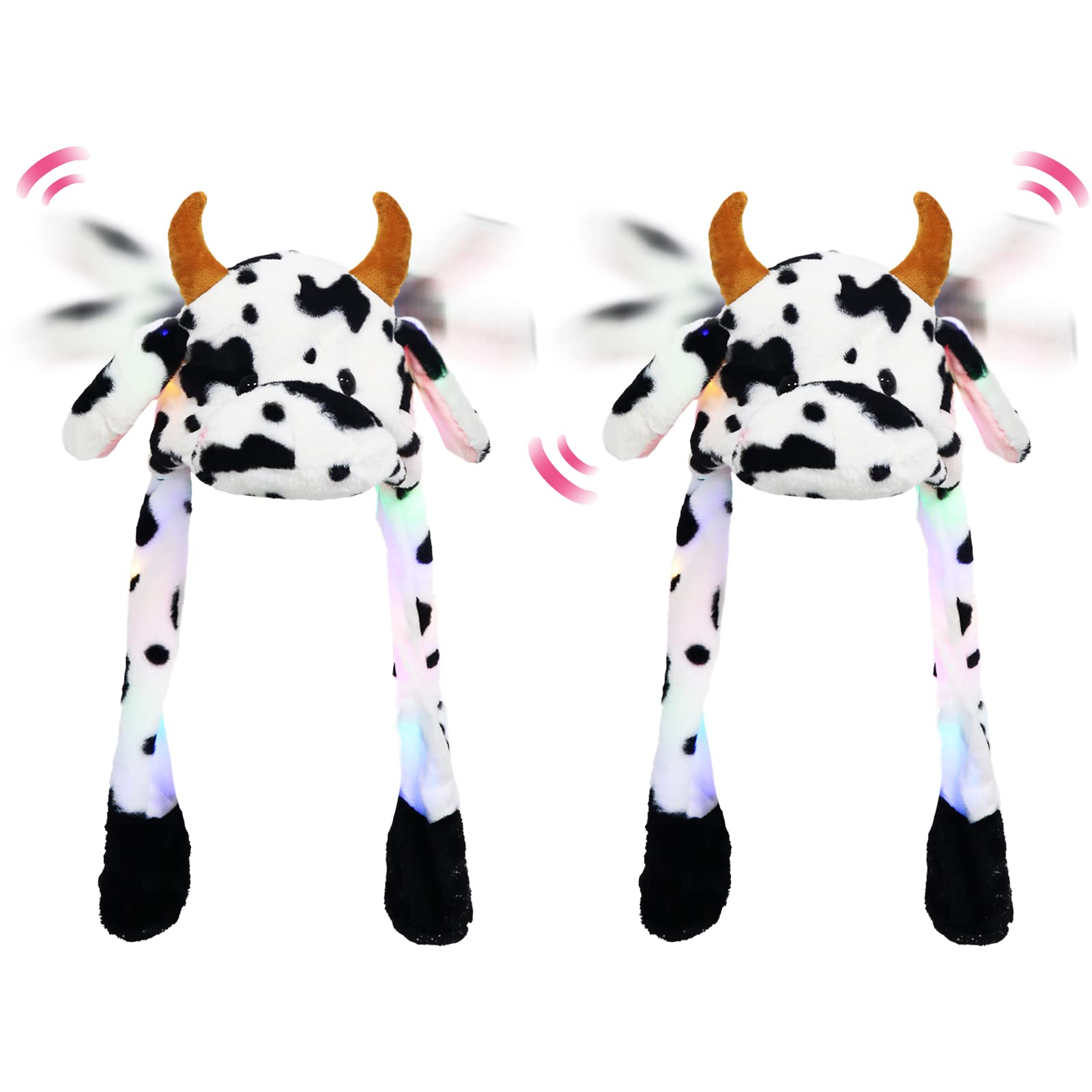 Whaline2 Pack Cow Plush Hat with LED Light Short Plush Animal Shape Cap with Moving Ears Soft Black White Cow Pressing Pop Up Hat Jumping Cartoon Hat for Festival Cosplay Holiday Boys Girls Adults