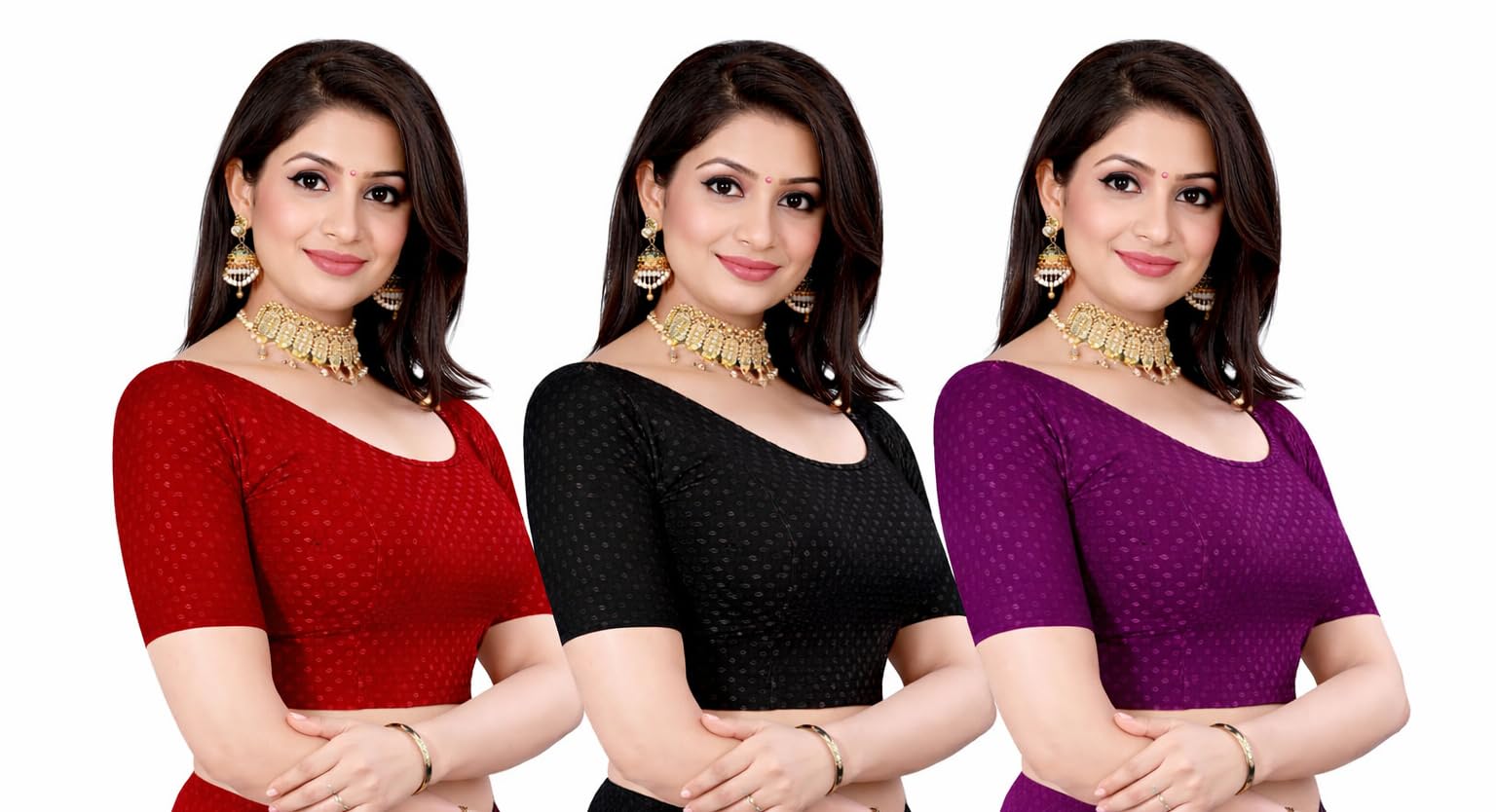 Women’s Stretchable Readymade Saree Blouse Combo Pack of 3 (Red, Black, Purple) | Half Sleeve Round Neck Textured Blouses for Party-picture-56