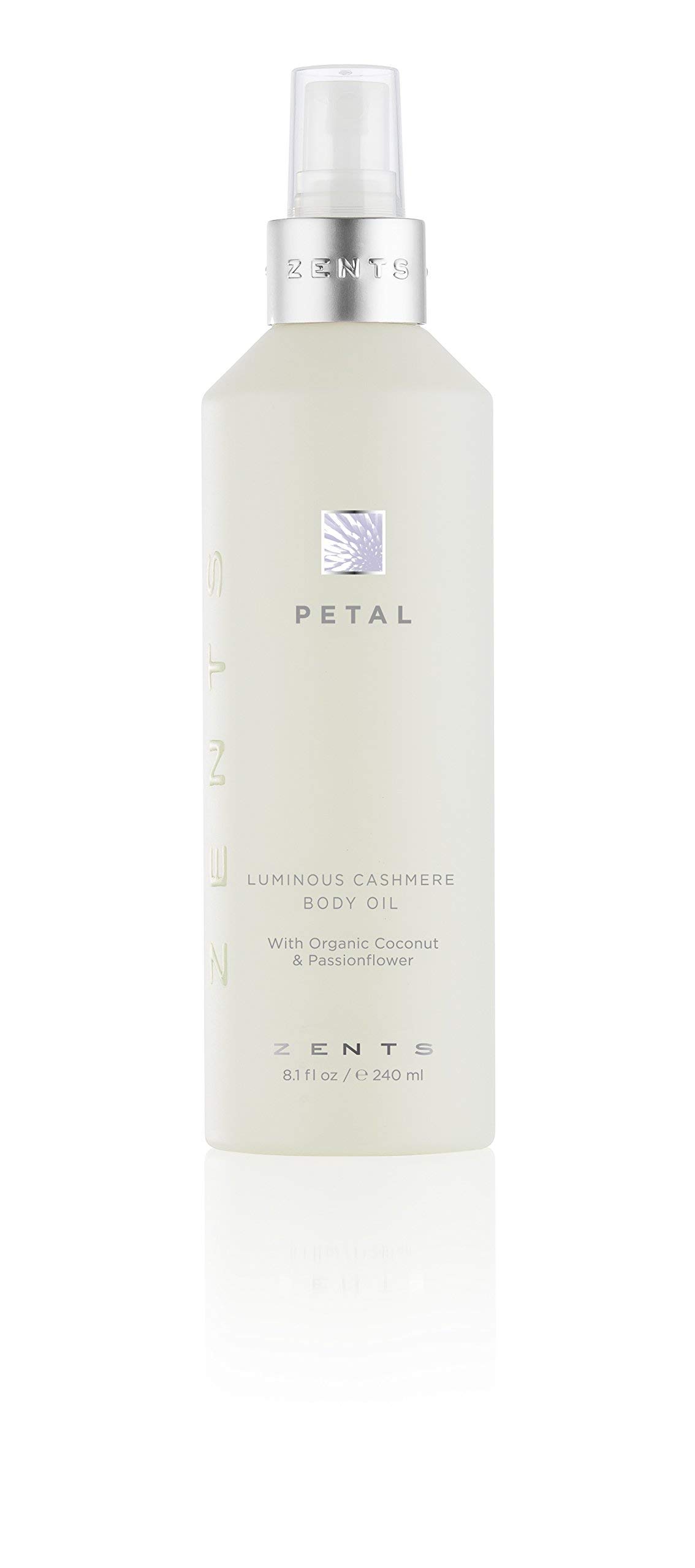 Zents Luminous Cashmere Body Oil, Soften and Moisturize Skin with Vitamin E and Organic Coconut Oil, 8 fl oz / 240 ml (Petal)