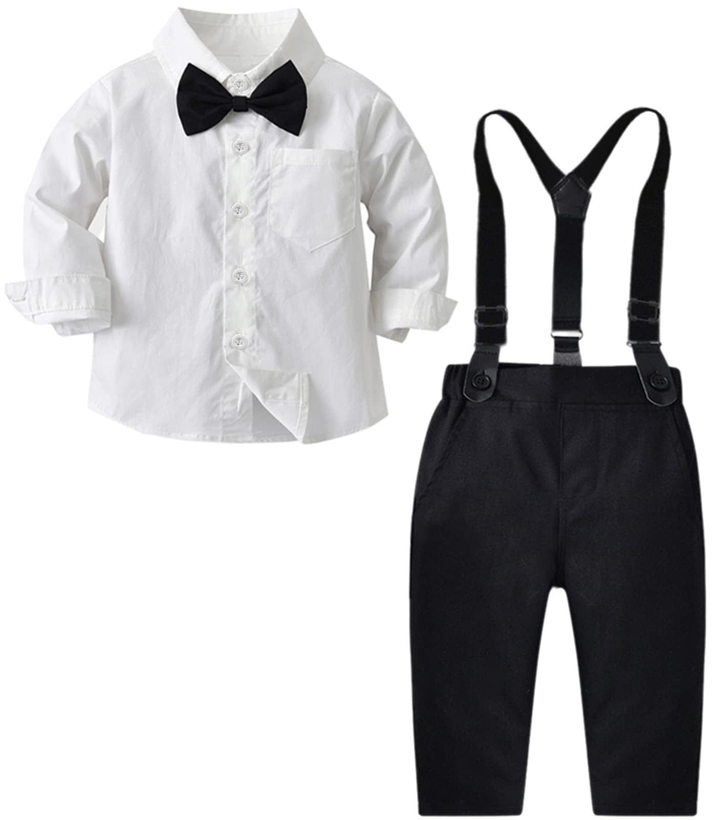 SANGTREE Baby Boys Clothes, Long Sleeves Dress Shirt with Bow Tie and Black Suspender Pants Set Gentleman Tuxedo Outfit, White Black, 3-4 Years = Tag 120