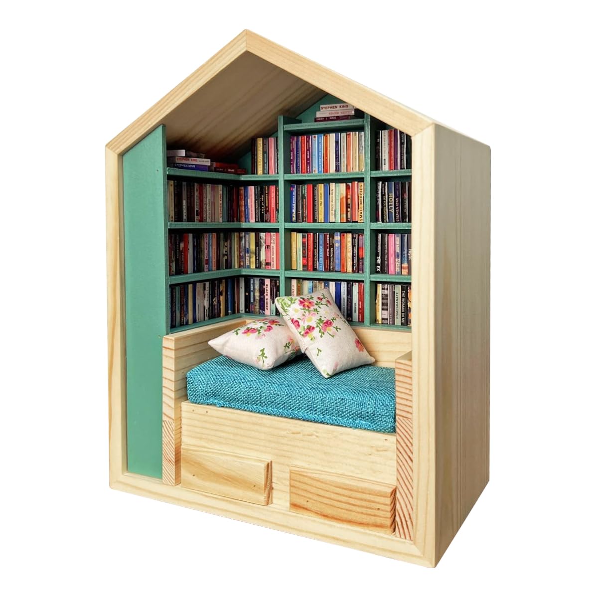 Yuhtech Anxiety Bookshelf, Shake Away Your Anxietys Bookshelve, Mini Bookshelf with 200 Minibooks, Stress Reliever, Wooden Miniature Library, Bookcase Ornament (1, House shape)