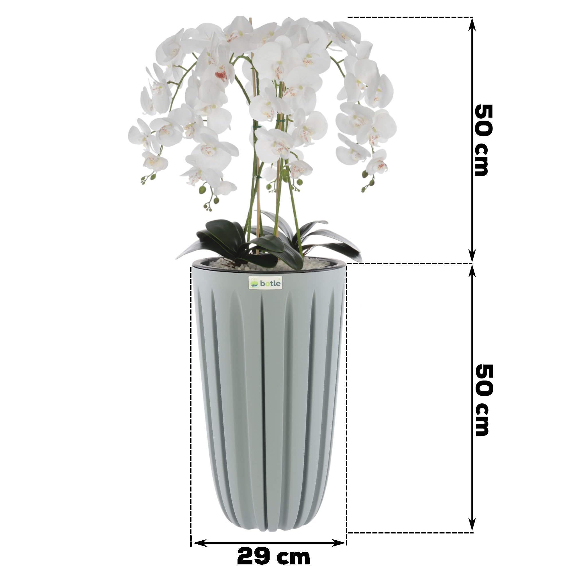 botle Sztuczna orchidea, biała kaskada, bukiet kwiatów w doniczce z rowkami, szary, wys. 100 cm, gumowane kwiaty, 5 pędów, dekoracja, piękny, stylowy do domu, biura