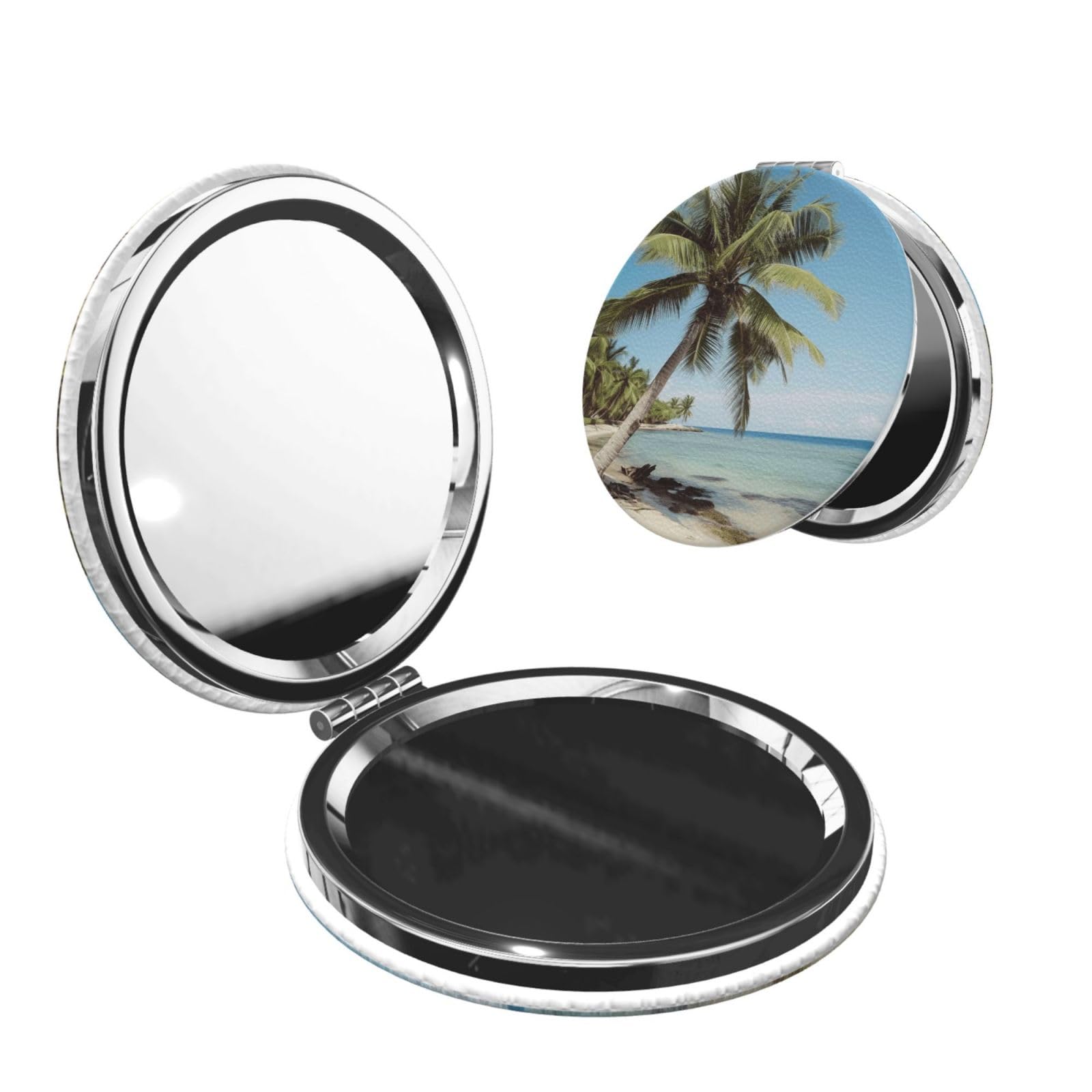 DWVTSLH Beach Palm Tree Compact Mirror for Purse, Double-Sided 2X/1X Magnifying Mirror for Women Men, Travel Makeup Mirror for Handbag, Handheld Vanity Mirror for Gift