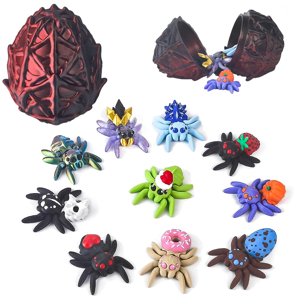 3D Printed Dragon Egg with 10 Unique Spiders, 3D Printed Animals Toys, Surprise Spider Fidget Toy Set for Party Favors, Fun Gift for Kids (Black-Red)