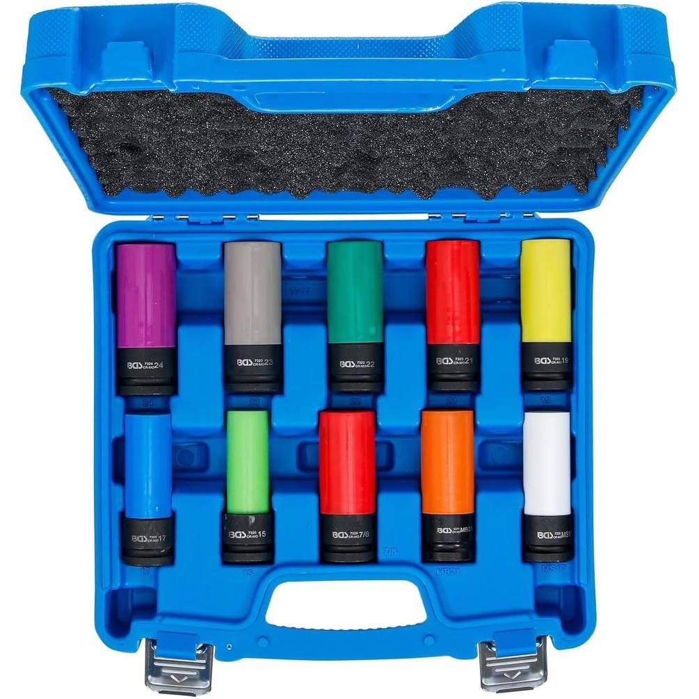 Juego de casquillos de potencia 10 piezas 12,5 mm (1/2) 15-24 mm - Protección integrada, tornillos de rueda especiales - Versatilidad - D-Work
