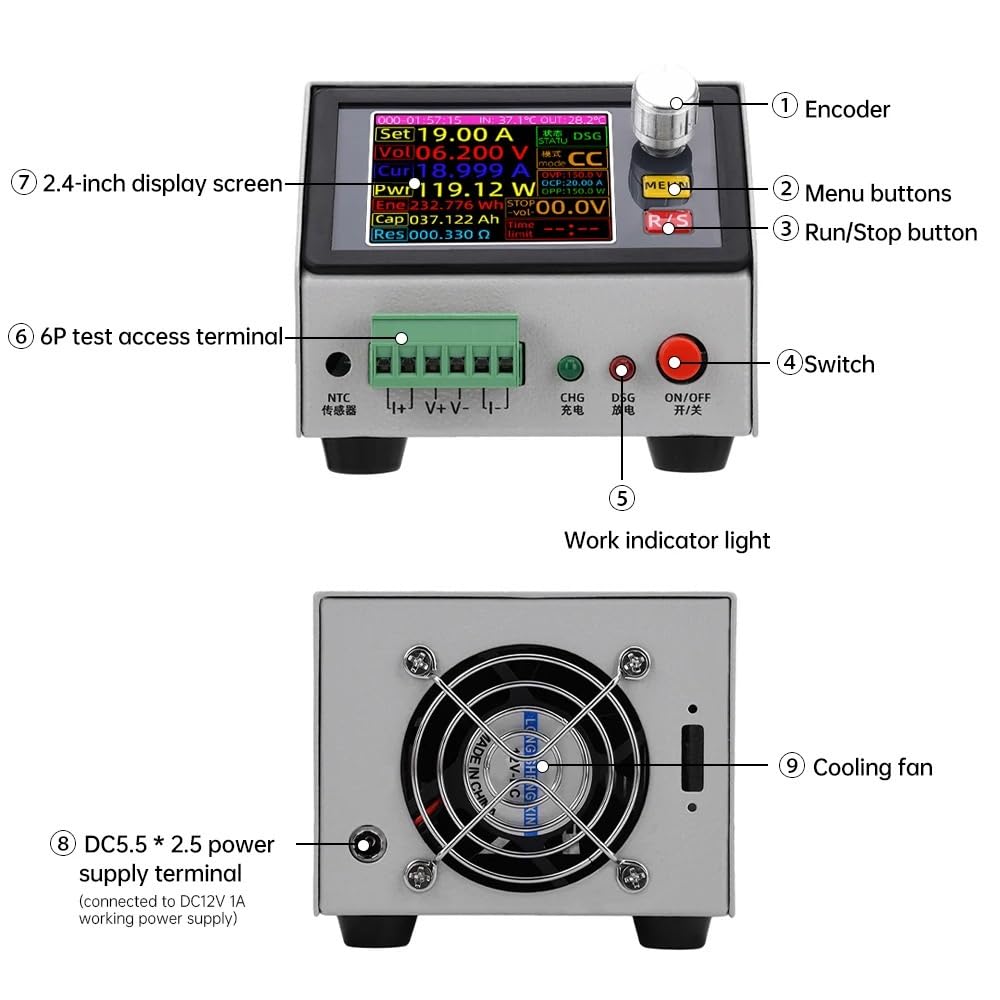 DC 12V 1A 2,4-calowy kolorowy ekran Sterowanie numeryczne Elektroniczny tester obciążenia Stałe napięcie prądu 0~150 V 20 A W