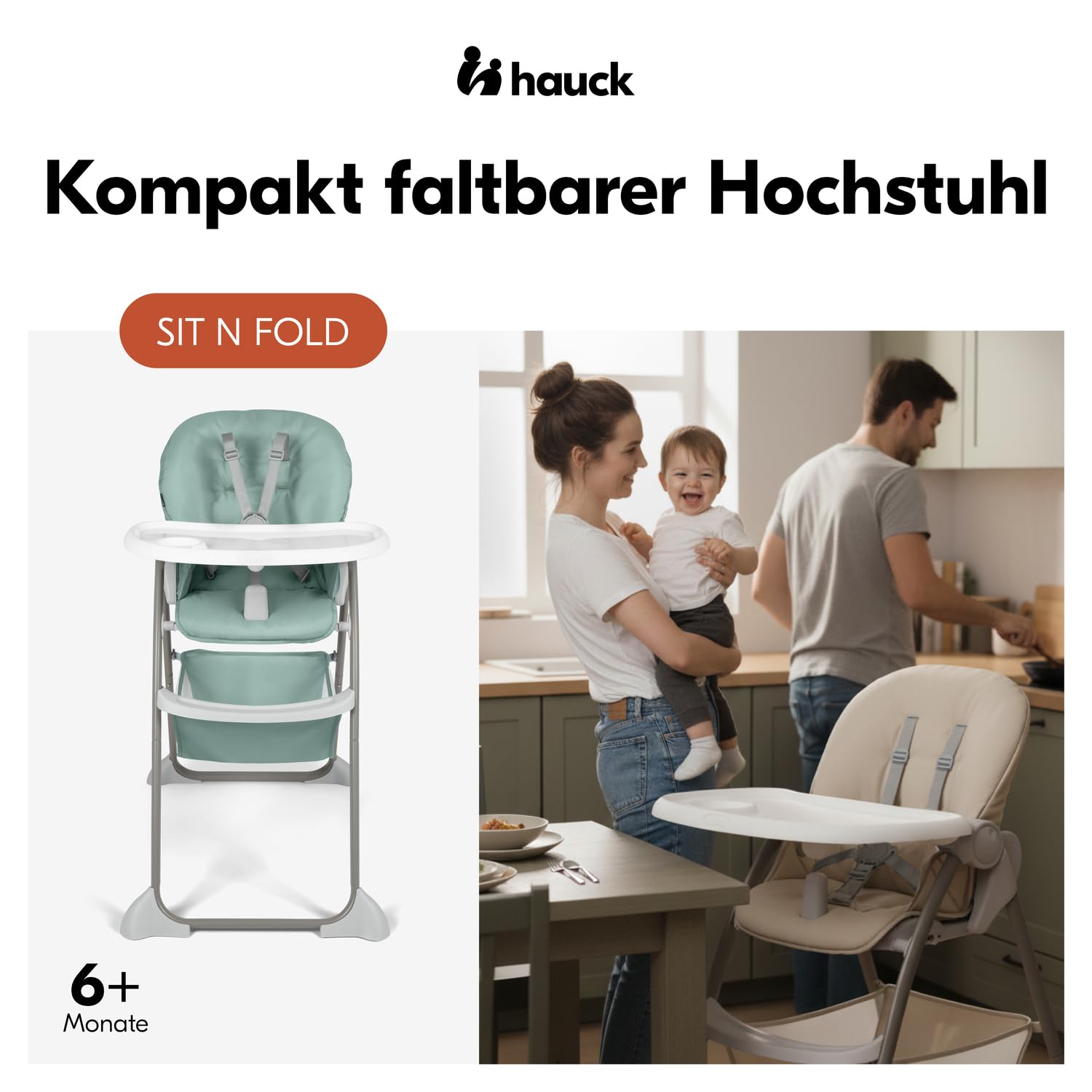 hauck Sit N Fold, Dusty Mint - Faltbarer Hochstuhl für Kinder ab 6 Monaten bis 15 kg, mit 5-Punkt-Gurt, Rückenlehne & Essbrett Verstellbar, Bechervertiefung & Erhöhter Rand, Großer Korb