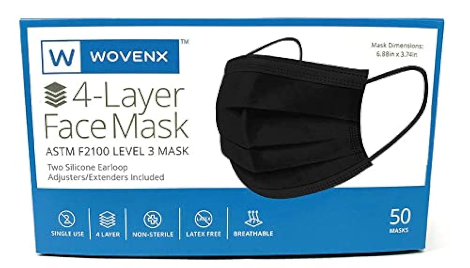 FDA Registered, ASTM Level 3 Black Face Mask, 4 Ply, Box of 50 (Black), 4 capas