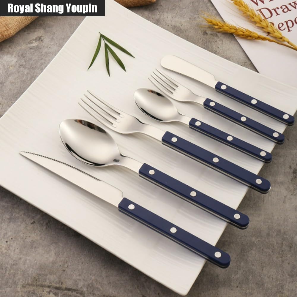 ABS Rivet Handle Marble Pattern Kitchen Stainless Steel Silverware Tableware Flatware Cutlery Knives Forks Spoons Set Butter Knife Dessert Spoon Fork (Green,24 pieces)