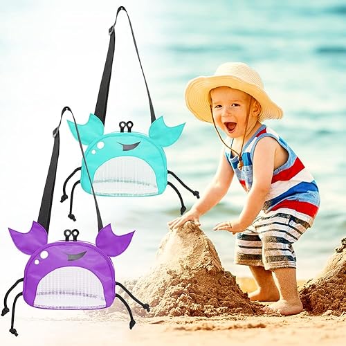 Miniatura 2 de Bolsa de malla de cangrejo para playa, bolsas de recolección de conchas de playa, juguetes de conchas de playa, correa ajustable para el hombro,