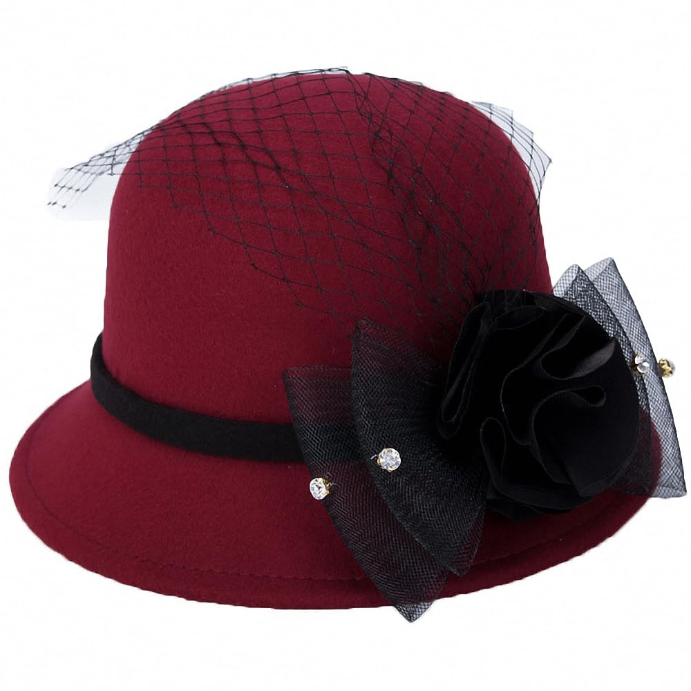 Ulalaza Womens Cloche Hats Artificial Felt Hat Mesh Flower Decoration Floral Fedora Hat 1920s Vintage Bowler Hats