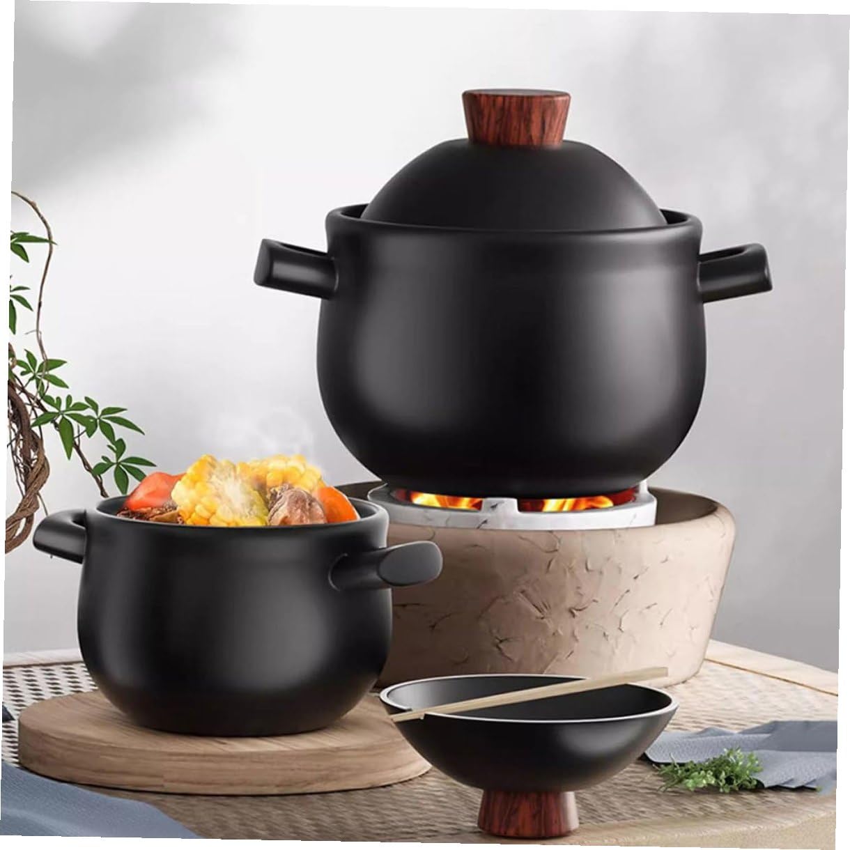 Casseruola e Non Facile da Rompere da 2,5l in Ceramica per Uso Domestico con Manico Spesso in Legno, Resistente al Calore per Stufati e Zuppe su Fornello a Gas