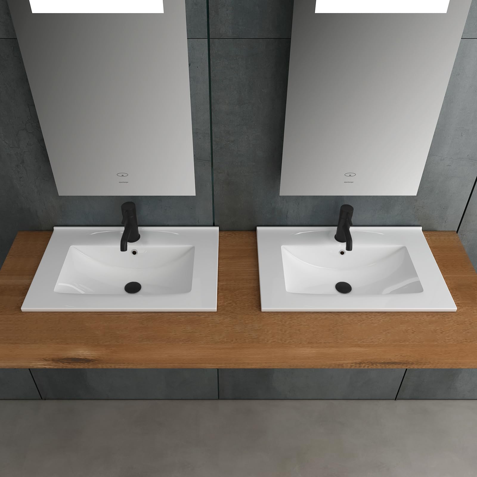Alpenberger Lavabo WC invités 60 cm de large | Lavabo encastrable | Lavabo carré | Lavabo à poser | Lavabo à main avec revêtement en céramique Nano et trop-plein