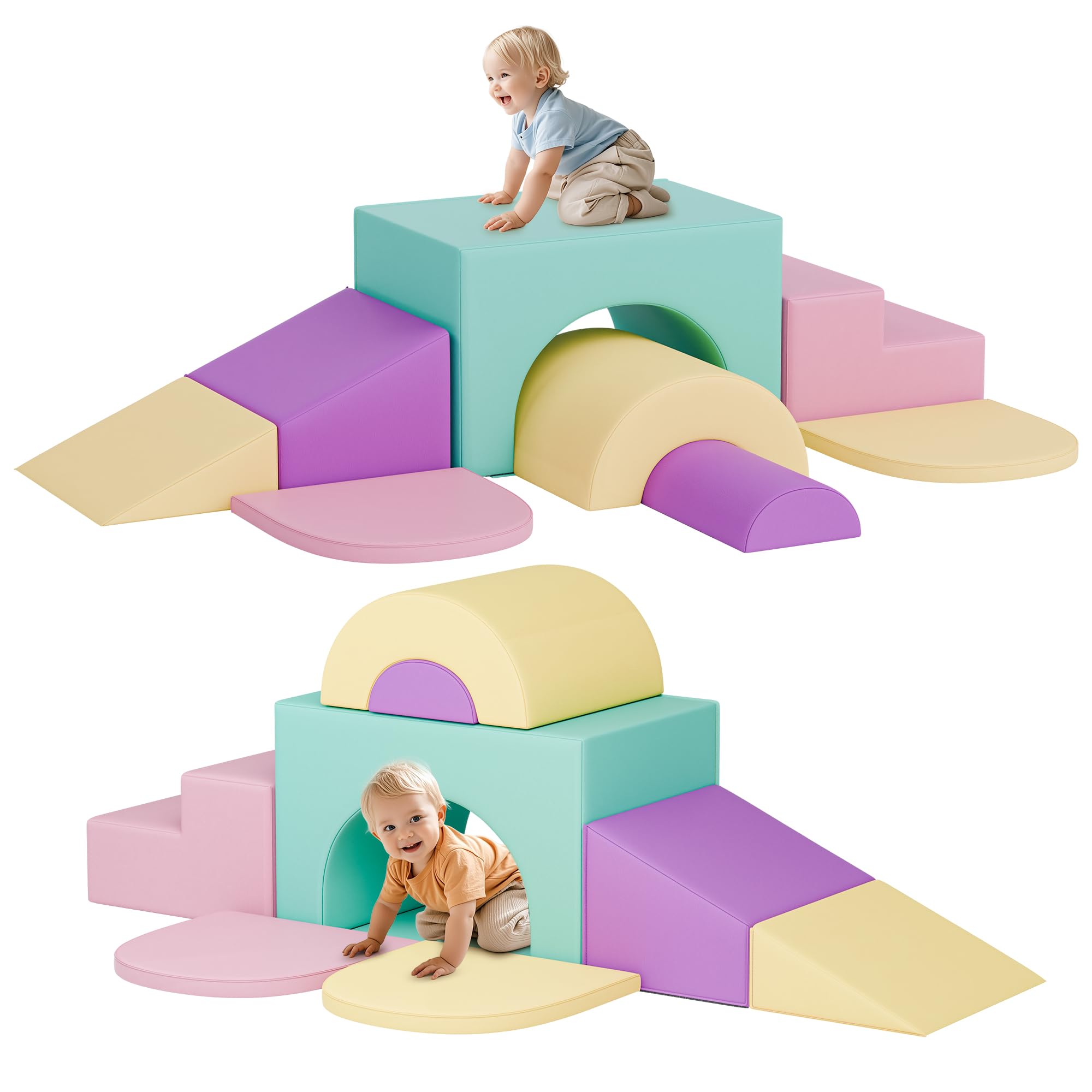 MU ‌Soft Climbing Toys for Toddlers, 7-Piece Baby Soft Foam Climbing Blocks, PU Leather Gym Climb and Crawl Activity Play Set, Indoor Climbing Toys