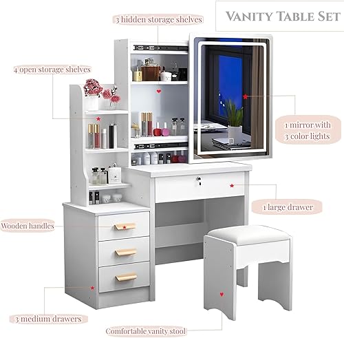 Miniatura 7 de Escritorio de tocador con luces LED, tocador de maquillaje con espejo, tocador con 4 cajones y estantes de almacenamiento, mesa de maquillaje para