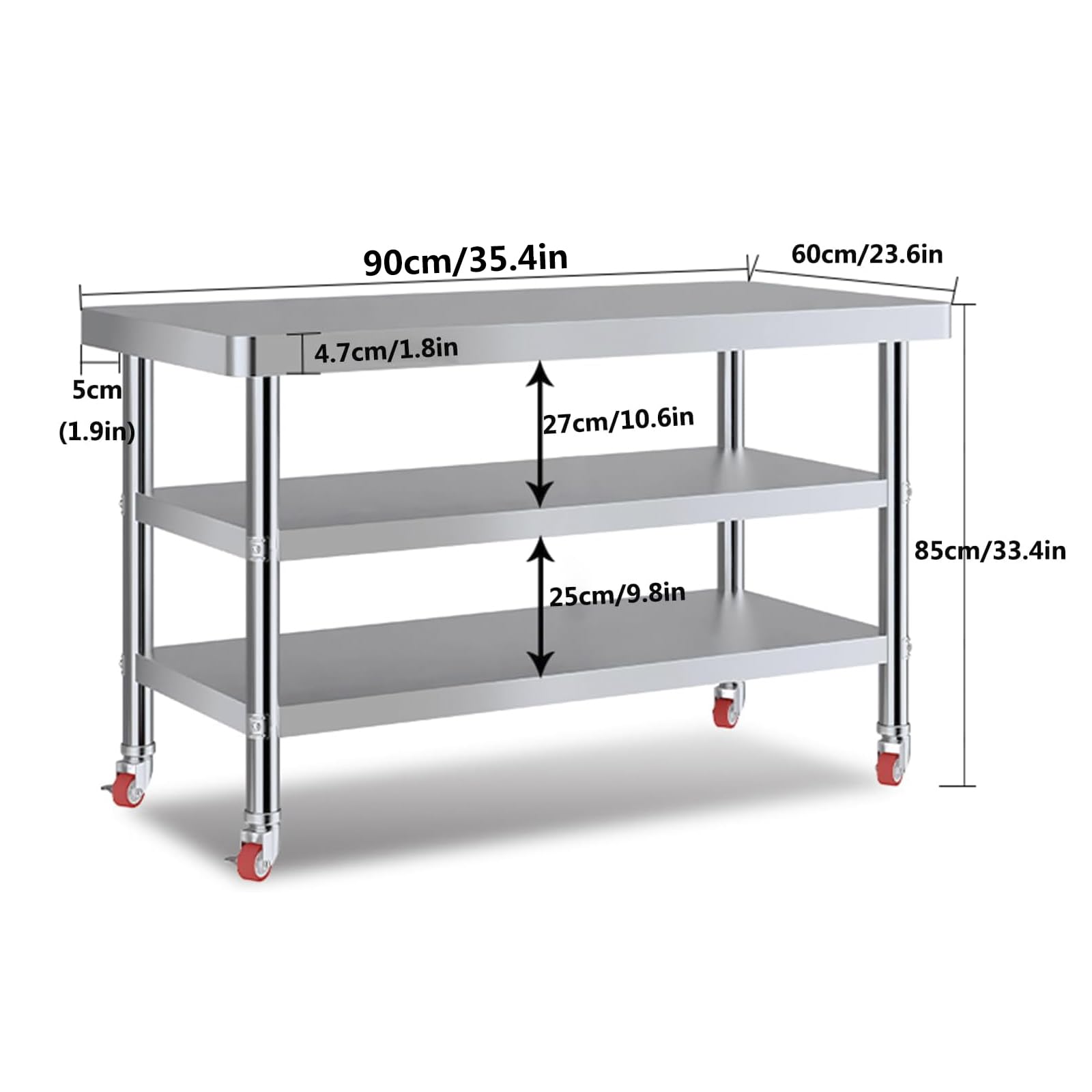 Tavolo da Lavoro in Acciaio Inox con Ruote,Tavolo di Preparazione Alimenti con Ripiani Sottostanti,Banco da Cucina Commerciale per Ristorante,Hotel,Garage,Magazzino,90x60CM/35.4x23.6IN