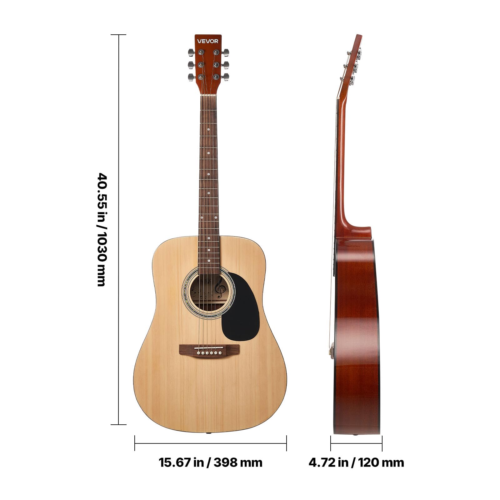 VEVOR Guitare Acoustique Dreadnought 6 Cordes, 103 cm, Table Épicéa Massif, Fond en Acajou, Touche en Palissandre, avec Housse, Accordeur, Sangle, Médiator, Capodastre, pour Adultes, Couleur Naturel