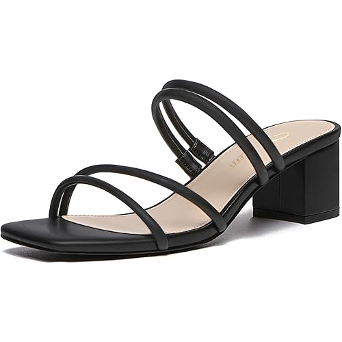 Athlefit Women's Strappy Block Chunky Heels Fashion Square Open Toe Slip On Heeled Sandals