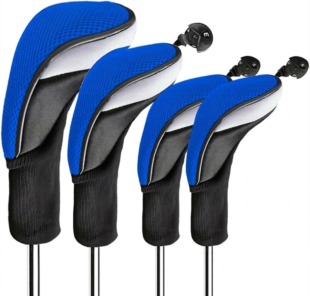 Premium Blue 4-Pack Golf Club Long-Neck Head Covers Headcovers for Driver, Fairway, and Hybrid Woods (1 Driver, 1 Fairway, 2 Hybrid) – Interchangeable Number Tags 2 3 4 5 6 7 X