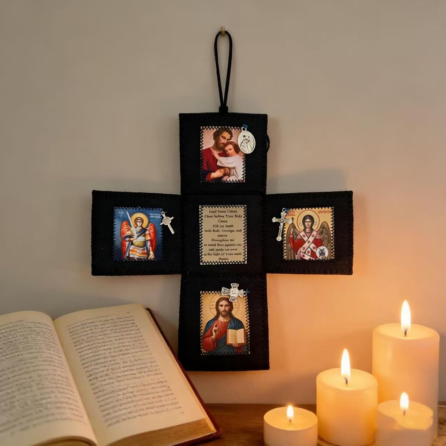 Zimrtvnt Handcrafted Catholic Pocket Shrine: Cross Inside, Sacred Artwork & Prayer Quilt | Portable Pocket Altar, Handmade Faith Devotional for Women – Catholic Devotional Accessory (D)