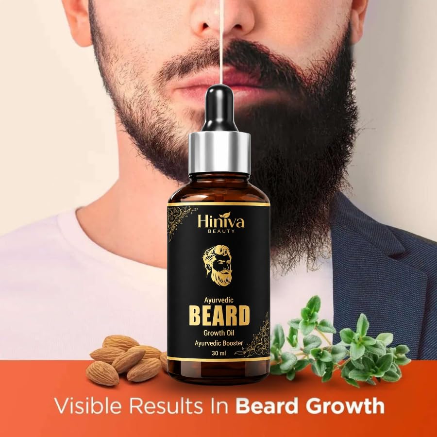 Image of Hiniva Ayurvedic Beard Growth Oil for Men | Beard Growth & Thickening Oil | Reduces Beardruff, Dryness & Itching | Softens, Nourishes & Strengthens Beard | Herbal Blend with Castor, Amla, Bhringraj & Black Seed Oil | 30ml